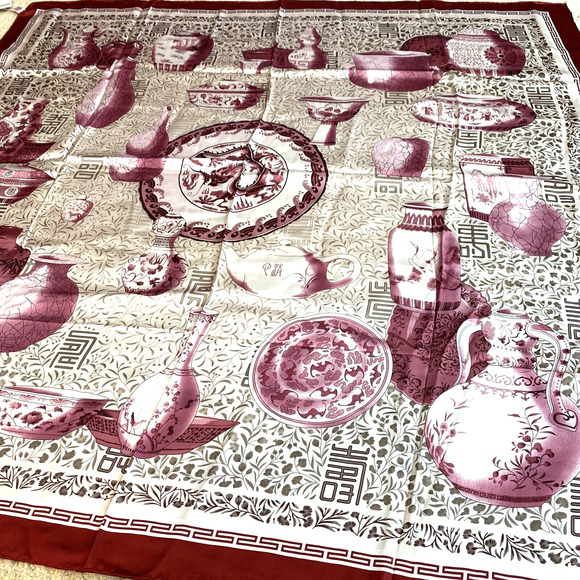 Large Silk Scarf 42 in square NWT silky Asian red pink teapots vessels vases - Picture 2 of 11